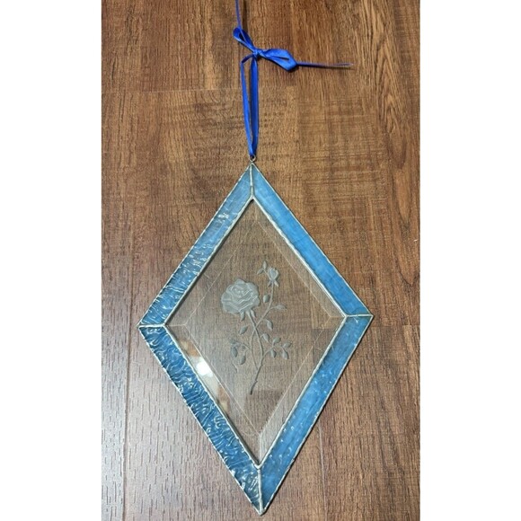 Diamond Shaped Stained Glass Hand Made Window Hanging Blue Etched Rose 11.5x7.5” - Picture 2 of 11